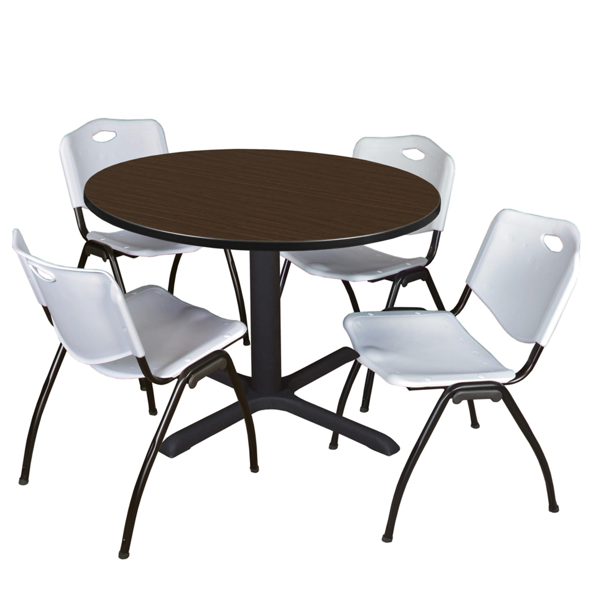 Regency Furniture Cain Round Breakroom Table — 48in., Neo Walnut, 4 Grey M Stack Chairs, Model# TB48RNDNW47GY